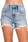 Light blue denim shorts with frayed edges on a white background