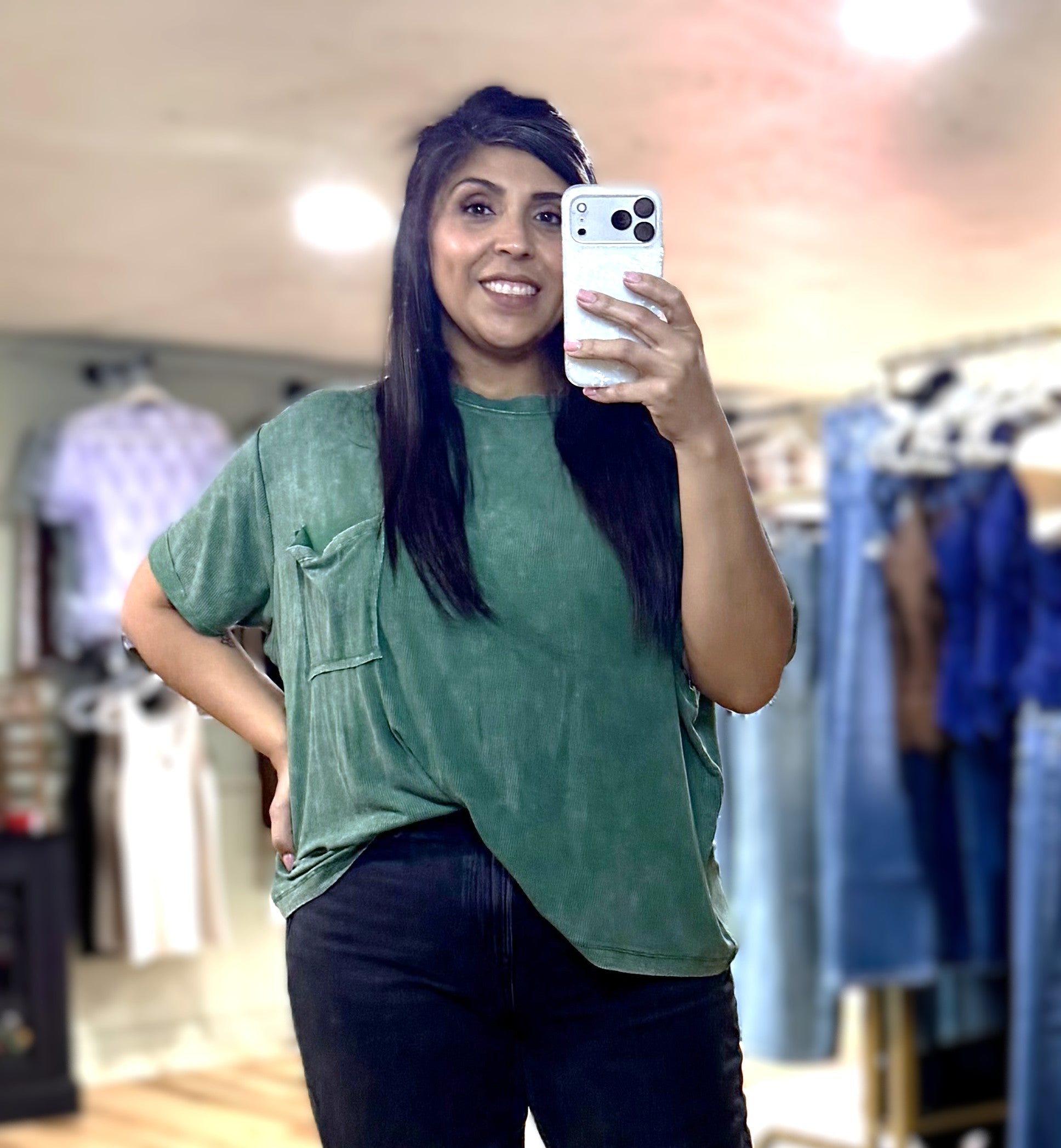 Dark Green Acid Wash Ribbed Short Sleeve Top