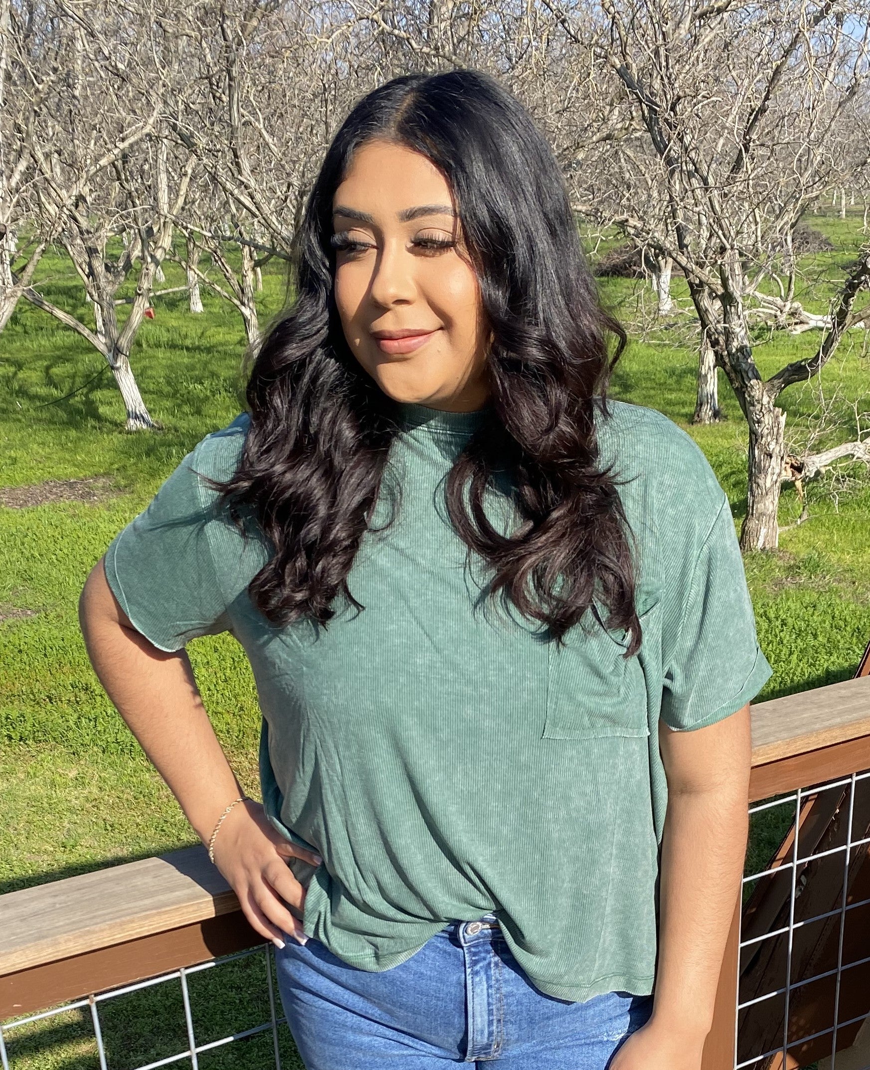 Ash Jade Acid Wash Ribbed Short Sleeve Top
