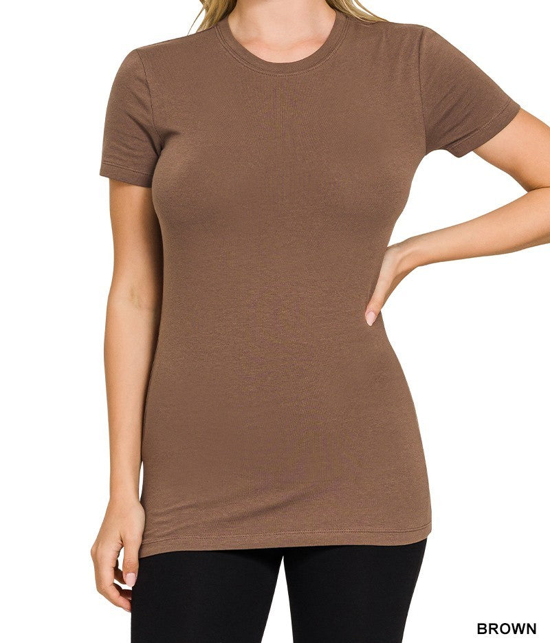 Basic brown t-shirt worn by a person on a white background