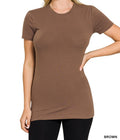 Basic brown t-shirt worn by a person on a white background
