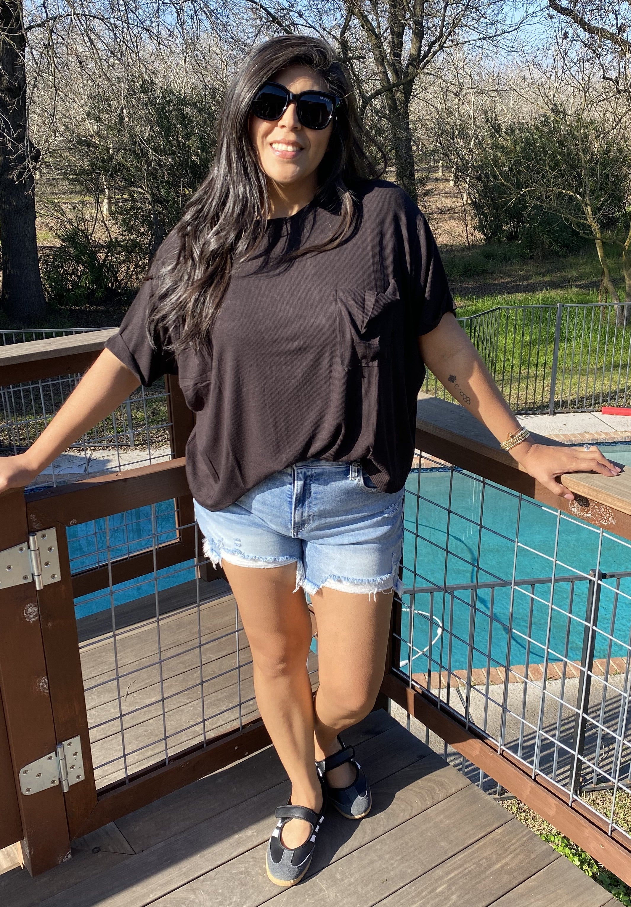 Oversized Black Ribbed Short sleeve top