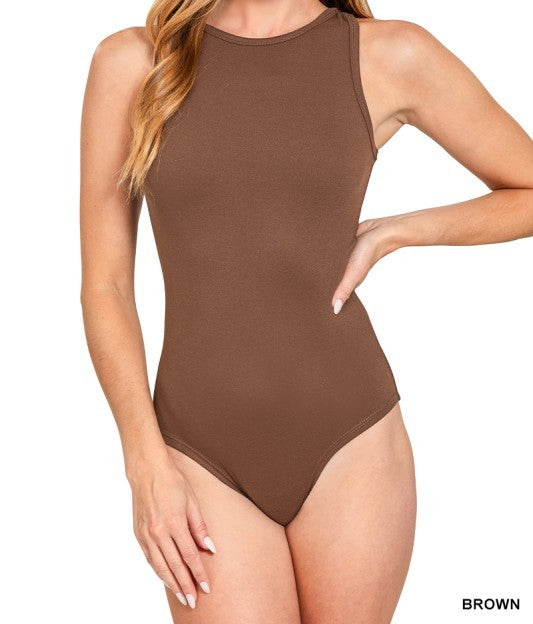 Brown high heck bodysuit worn by a model on a white background