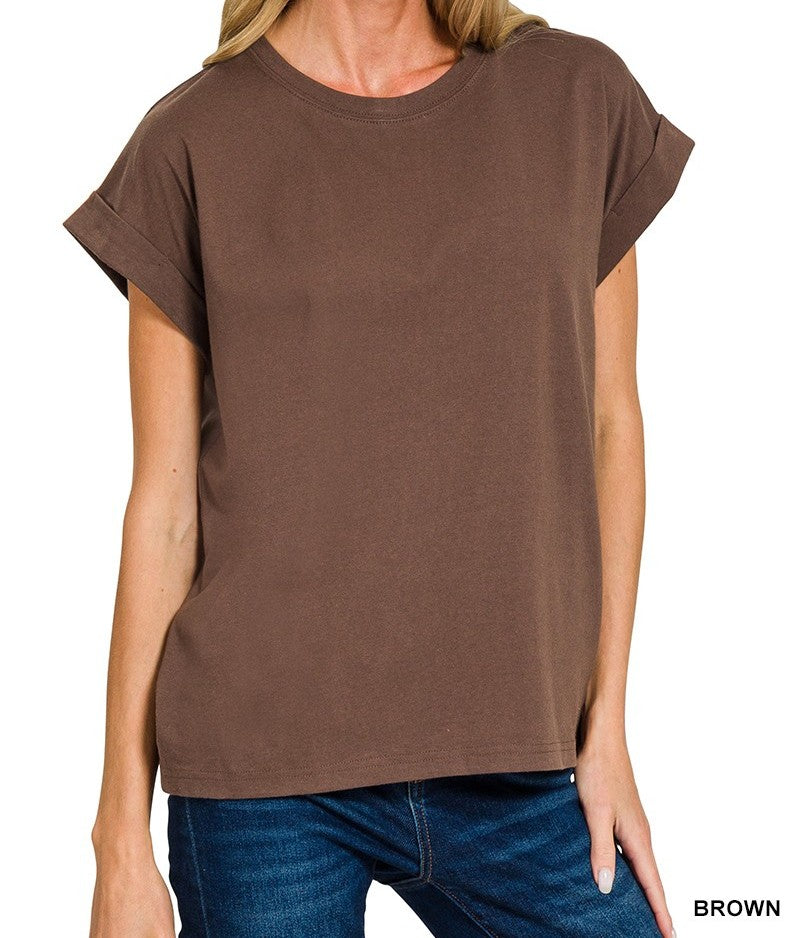 Brown t-shirt with cuffed sleeve worn by a person on a white background
