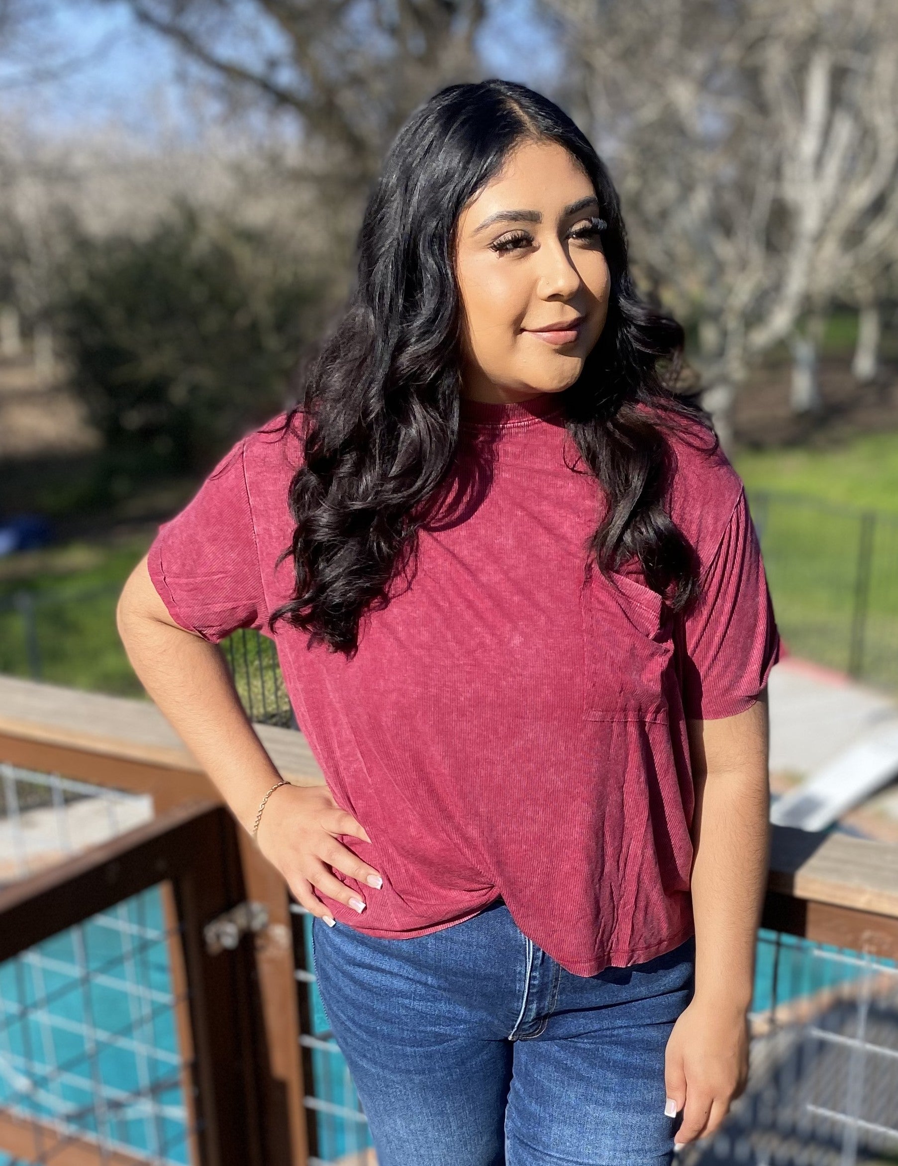 Cabernet Acid Wash Ribbed Short Sleeve Top