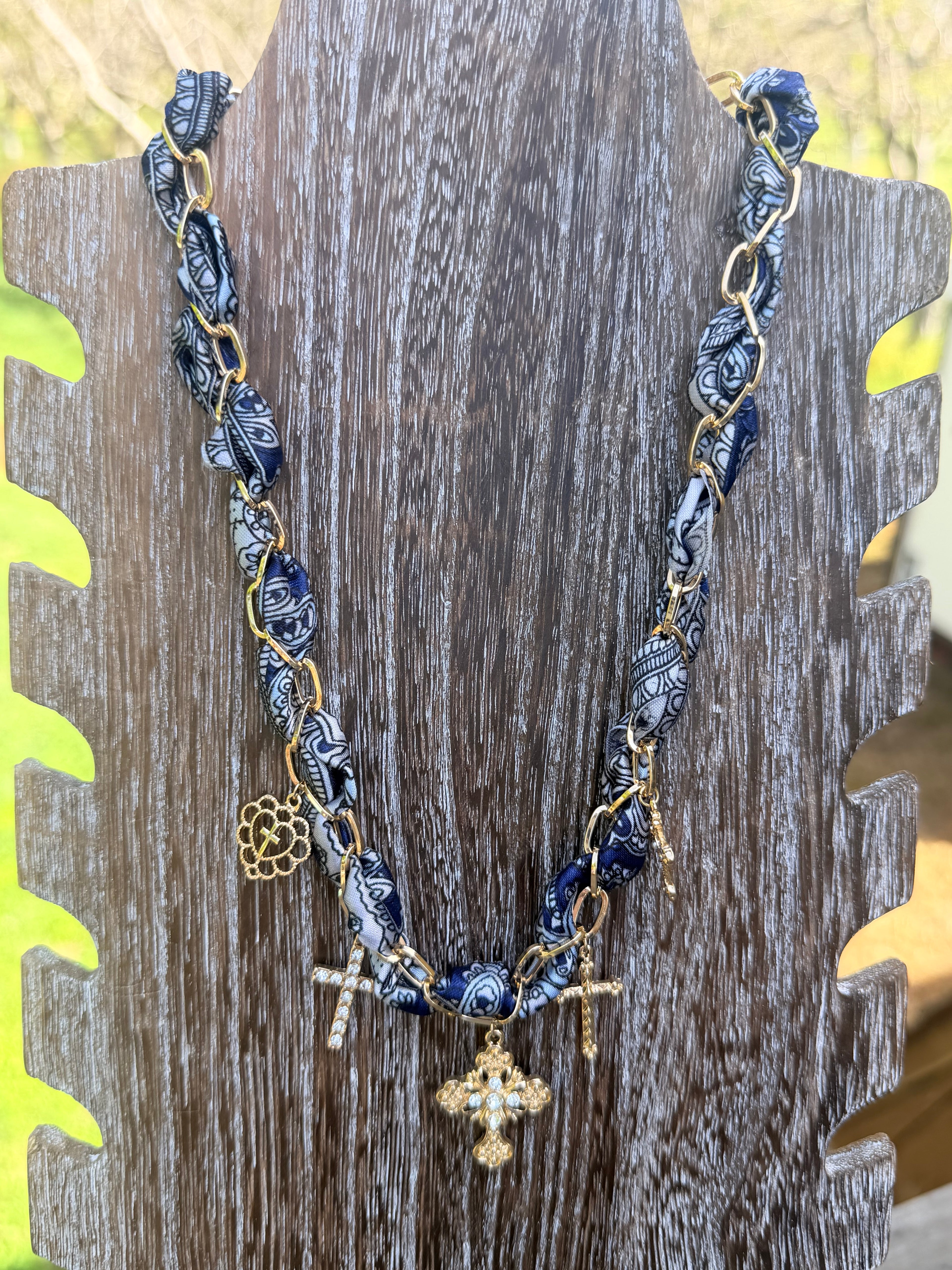 Blue Bandana Necklace with Gold Tone Cross *Fashion*