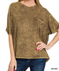 Brown acid wash oversized t-shirt with a pocket worn by a person on a white background