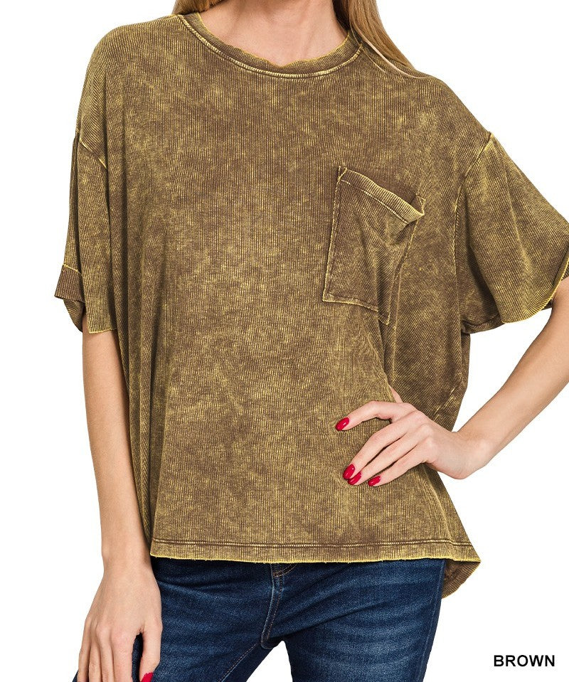 Oversized Brown Acid Wash Ribbed Short sleeve top